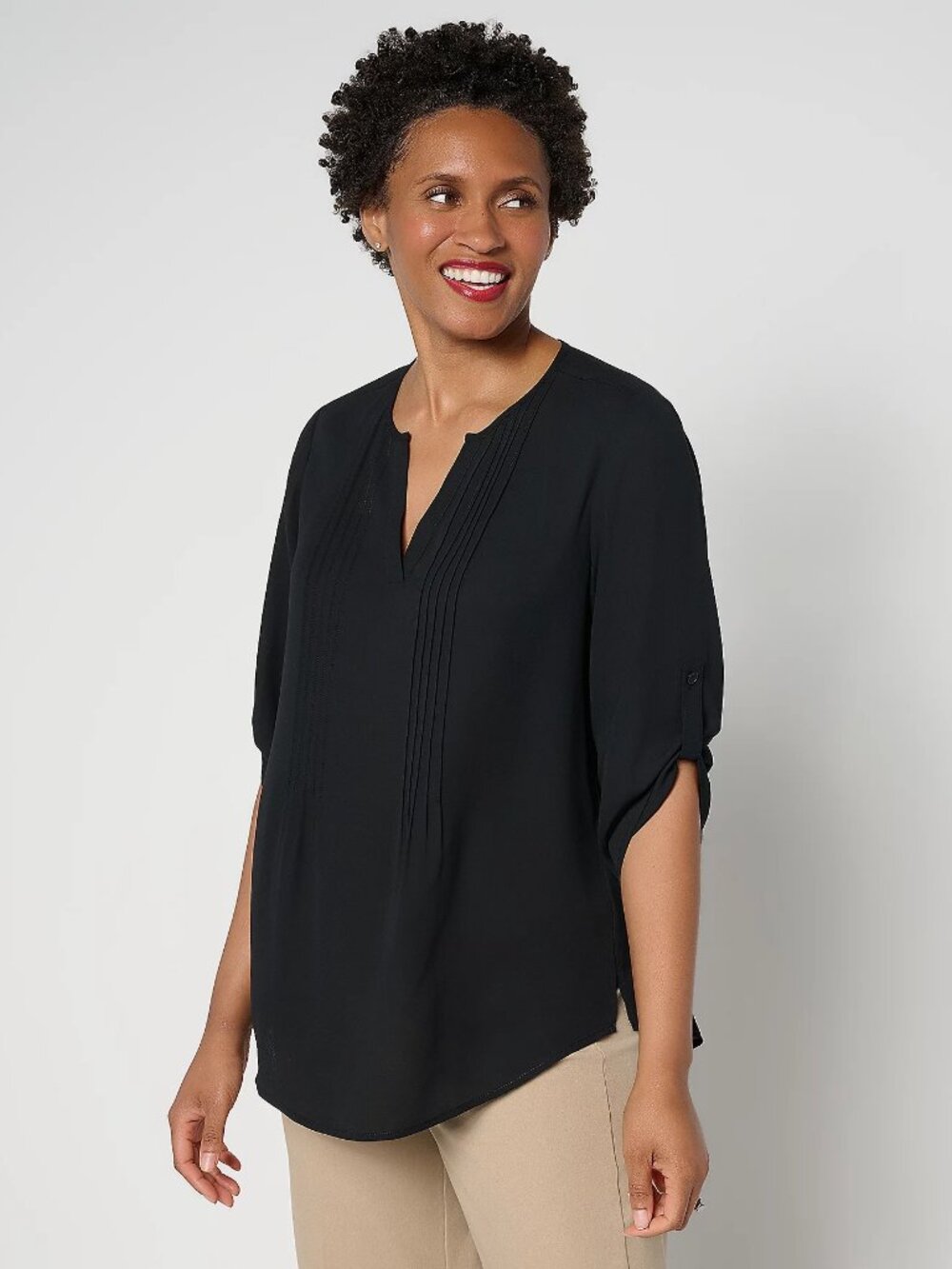 Joan Rivers Georgette Split V-Neck Pintuck Blouse, Black Sz M a693717